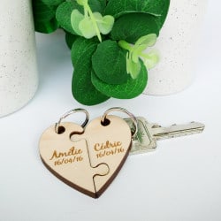 Porte clés cœur couple bois gravé