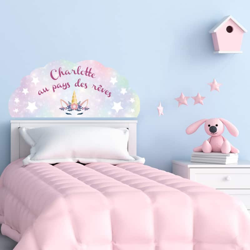 Sticker Tête de Lit Fille Licorne Prénom - Tête de lit Personnalisable  Prénom Licorne - Au pays des rêves