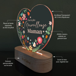 Veilleuse LED en forme de coeur sur socle en bois pour maman